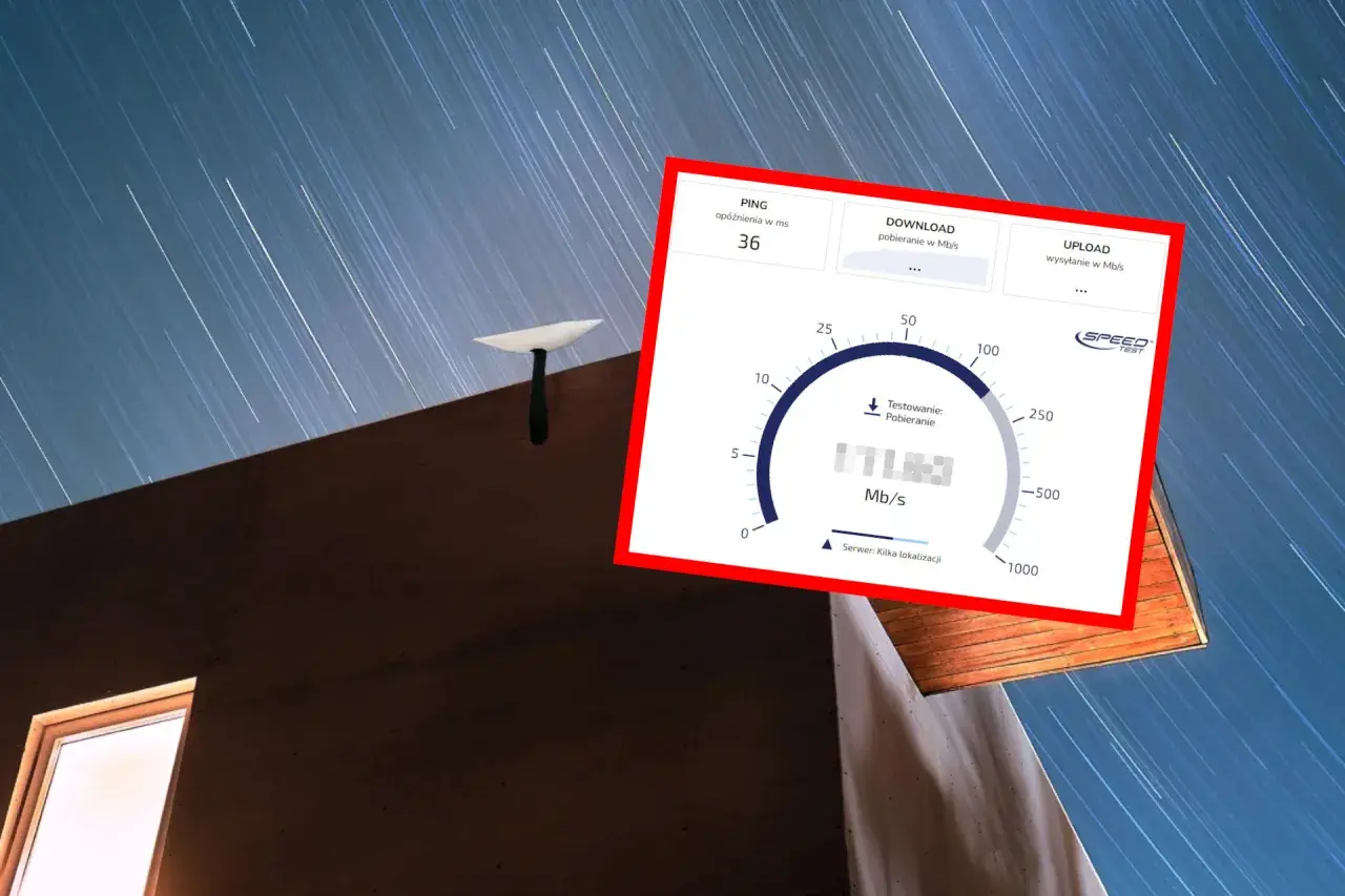 Starlink z prędkością 171 Mb/s pobierania. Antena satelitarna na dachu, nocne niebo z smugami gwiazd.
