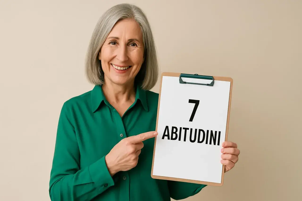 Donna sorridente con capelli grigi mostra un foglio con scritto "7 ABITUDINI". 50 anni e non sentirli, con saggezza e vitalità.
