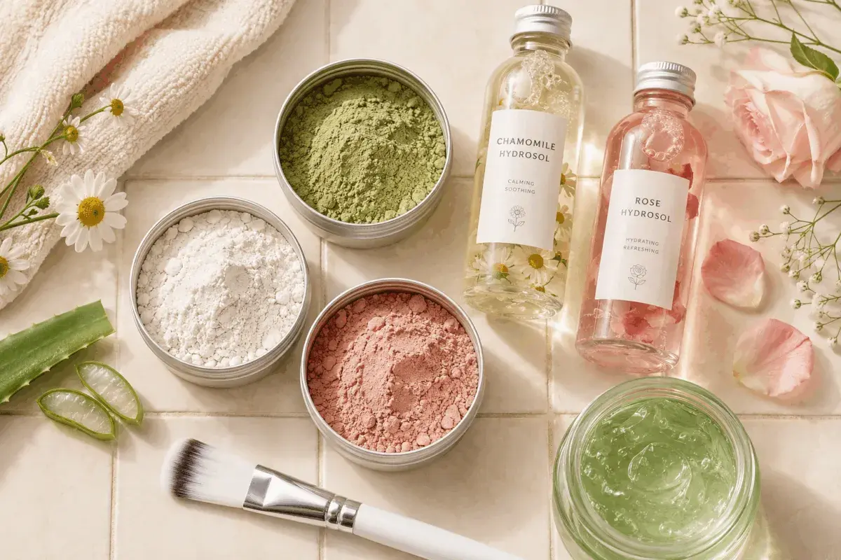 A cosa serve l'argilla? In questa immagine, polveri di argilla bianca, verde e rosa sono pronte per creare maschere viso, insieme a idrolati e aloe.