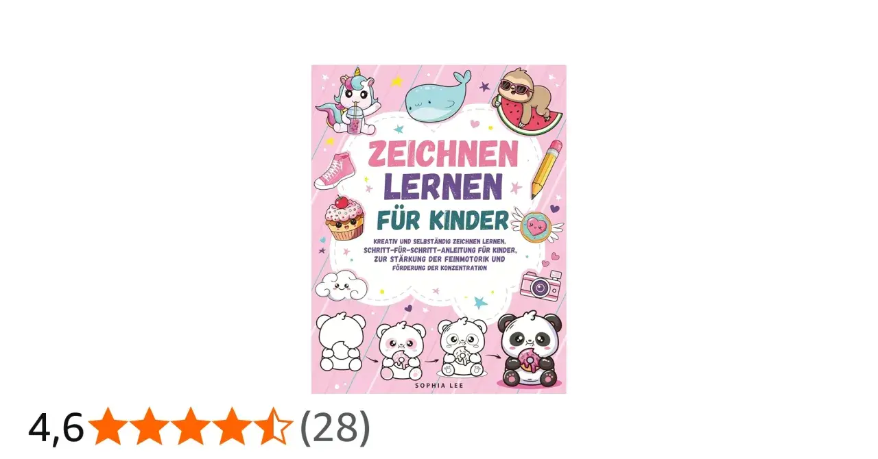 Buntes Buchcover mit süßen Tieren und dem Titel "Zeichnen lernen für Kinder". Viele mal ideen für kinder zum Nachzeichnen.