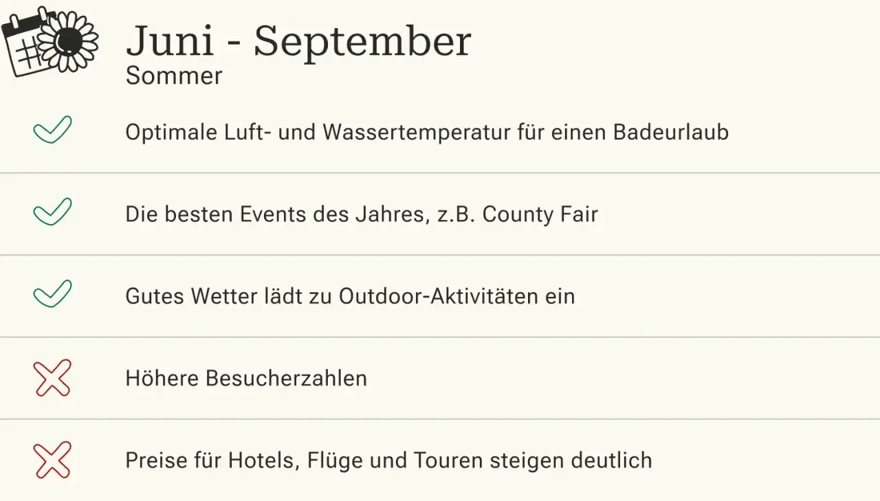 Juni-September: Sommer in L.A. mit optimalem Wetter für Badeurlaub & Events. Nachteile: mehr Besucher, höhere Preise. Beste Reisezeit für L.A.