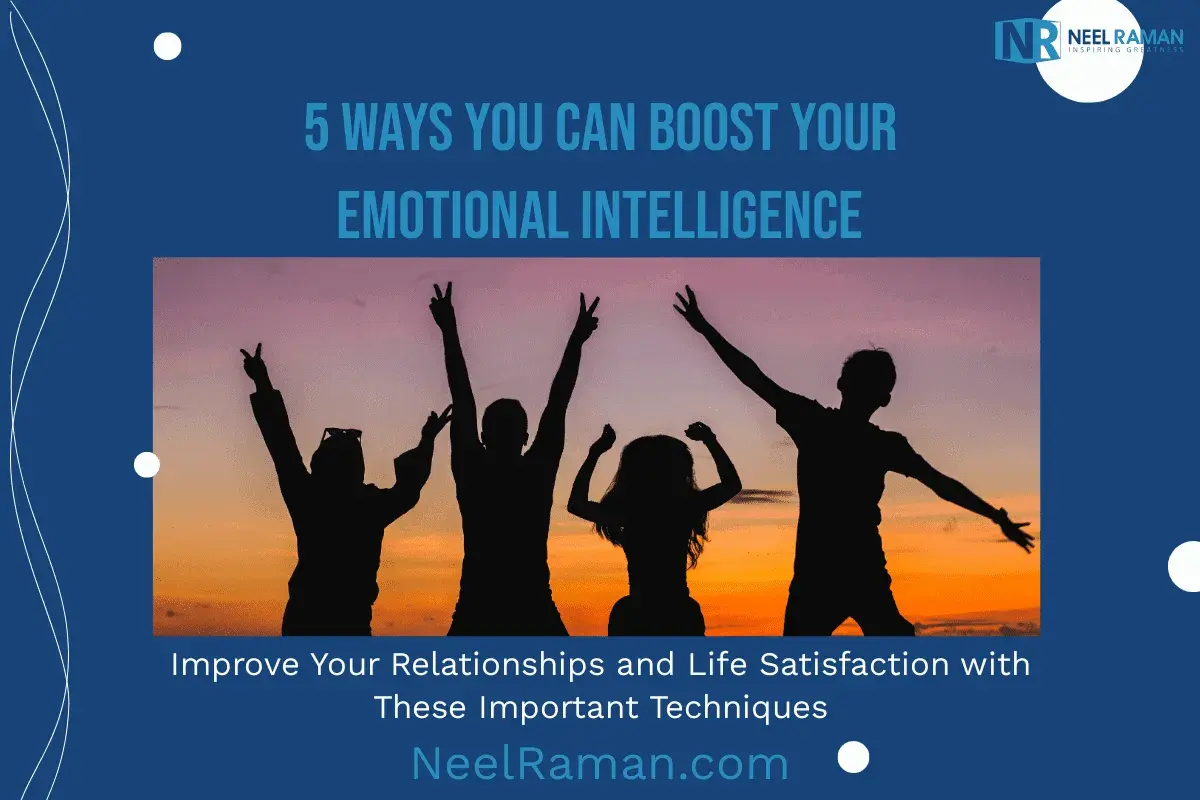 Silhouettes of four people celebrating at sunset. This image inspires self-discovery questions for boosting emotional intelligence and improving life satisfaction.