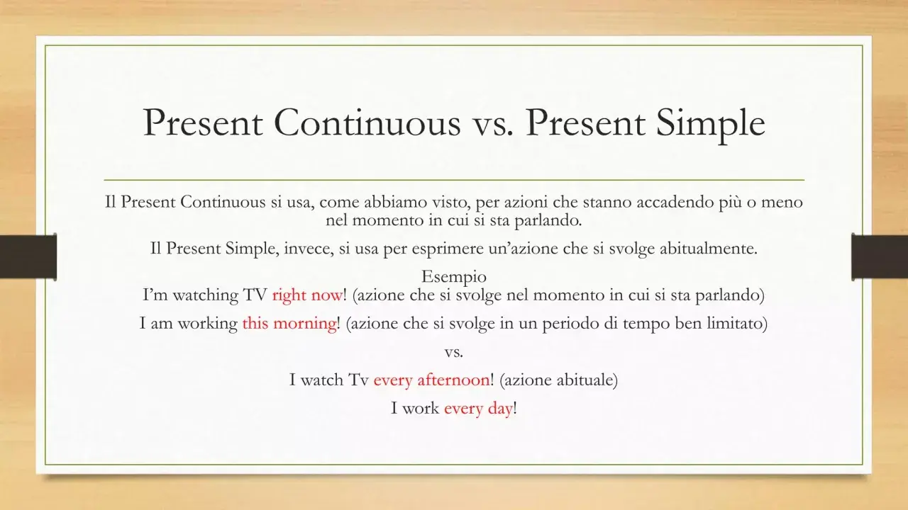 Spiegazione della differenza tra present continuous e present simple con esempi: azioni in corso vs. abitudini.