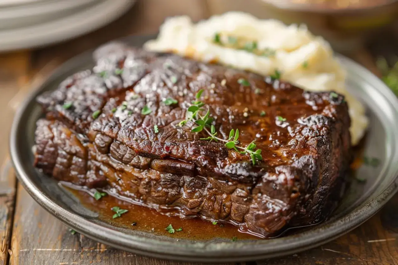 Un paleron au vin rouge, tendre et savoureux, nappé d'une sauce riche, servi avec une purée onctueuse.