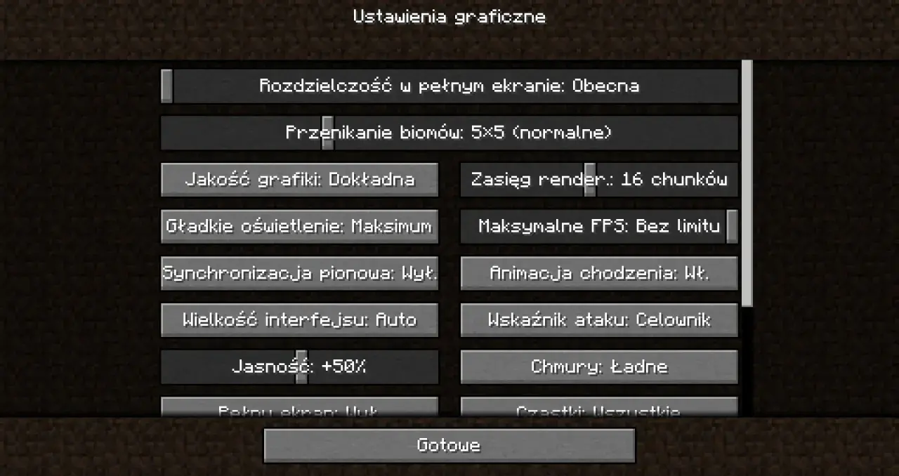 Ustawienia graficzne gry, w tym jakość grafiki, zasięg renderowania i jasność. Można tu też dostosować seus shaders.