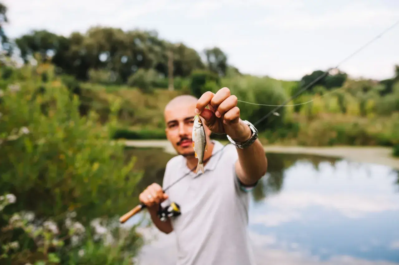 Mężczyzna trzyma małą rybkę, która nie jest karpiem z Niwki.
