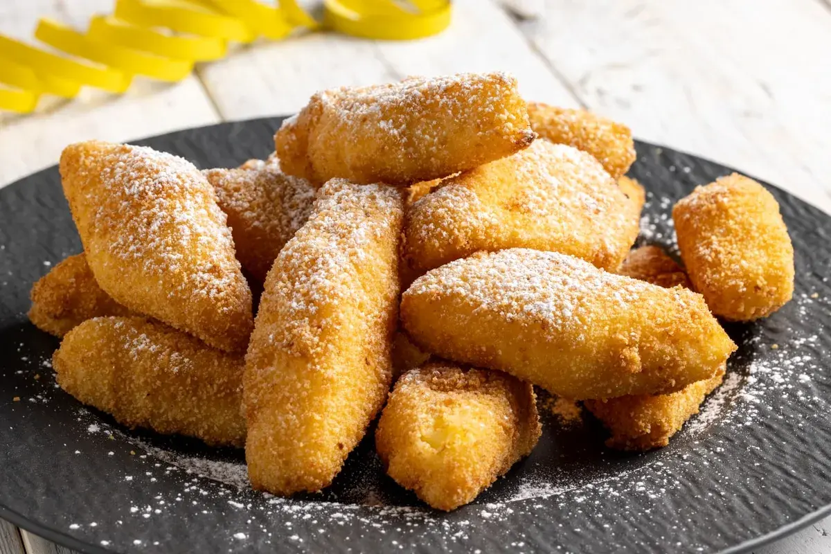 Un mucchio di dorate crema fritta, cosparse di zucchero a velo, su un piatto scuro.