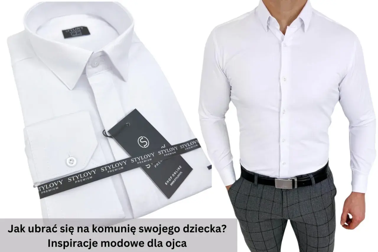 Biała koszula męska z metkami i fragmentem stylizacji z szarymi spodniami w kratę.