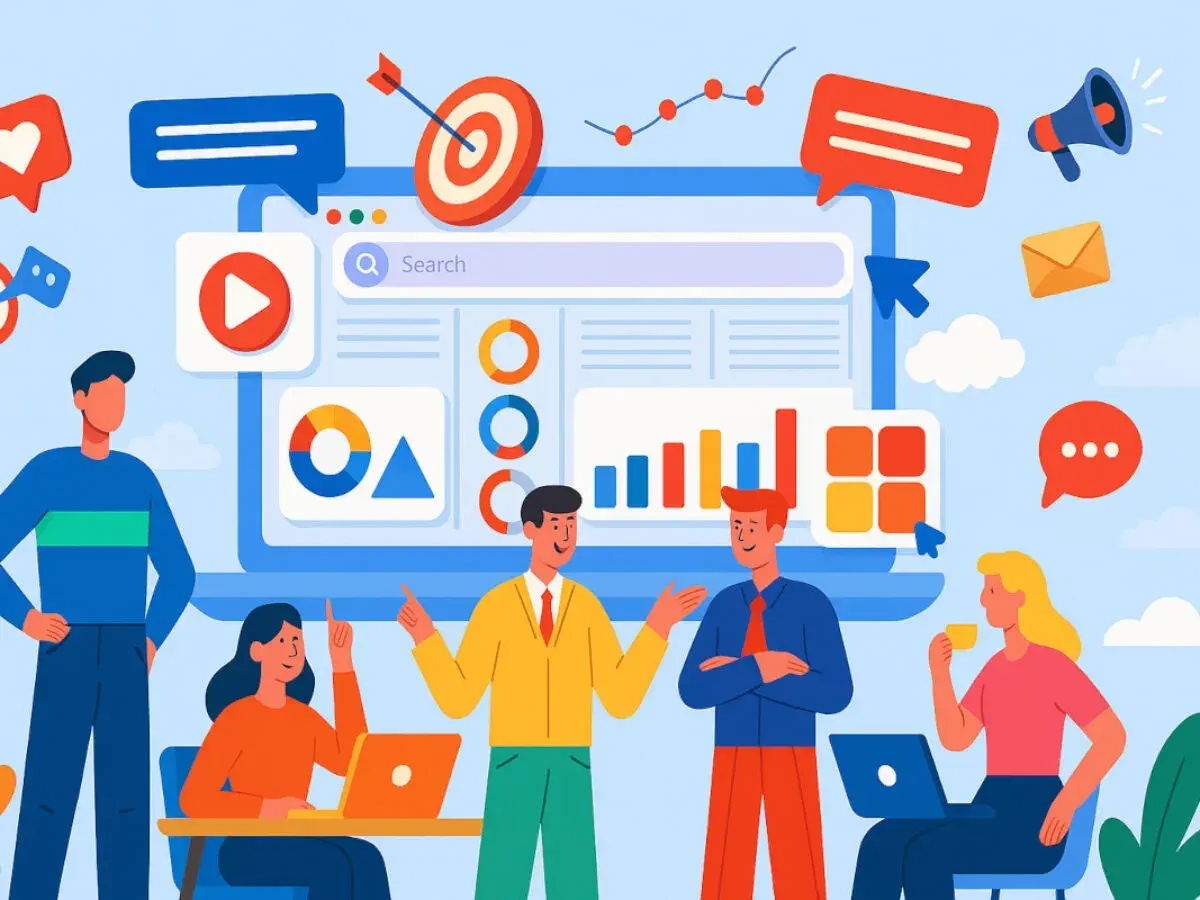 Equipo discutiendo diferentes tipos de agencias de marketing digital, con gráficos, un objetivo y un megáfono.