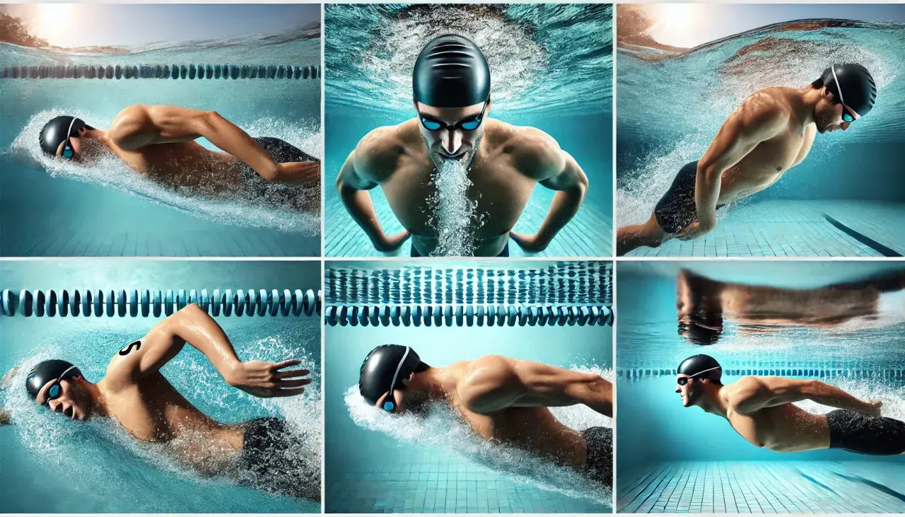 Collage of swimmers in action, showcasing intense triathlon swim workouts. Underwater shots highlight powerful strokes and focused determination.