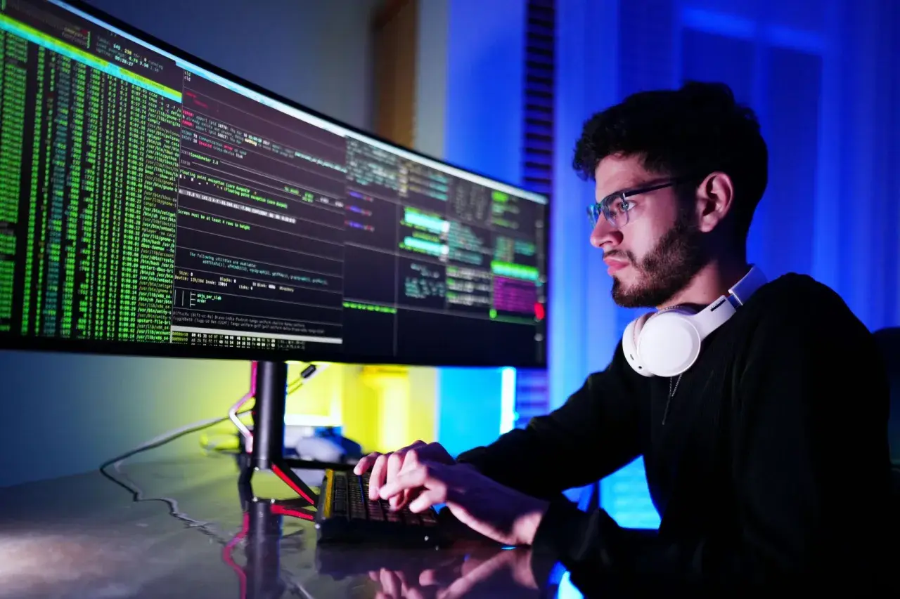 Młody mężczyzna w okularach pracuje przy komputerze, analizując kod. To obrazek dla osób zainteresowanych tym, jakie są technik informatyk zarobki.