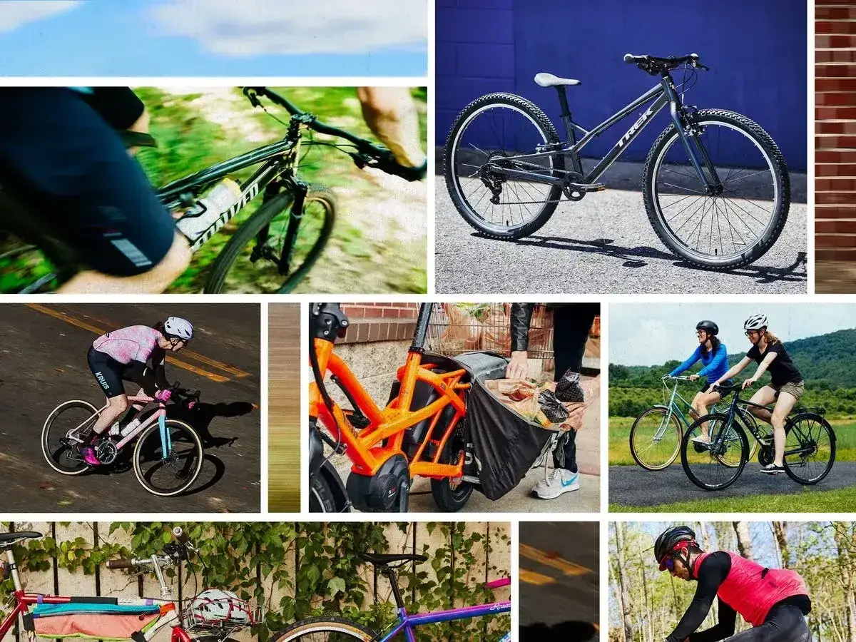 Różne rodzaje rowerów: górski, miejski, szosowy, elektryczny i cargo.
