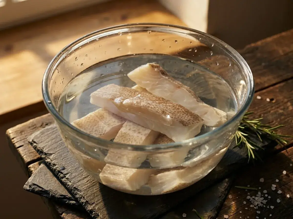 Trozo de bacalao sumergido en agua para desalar.