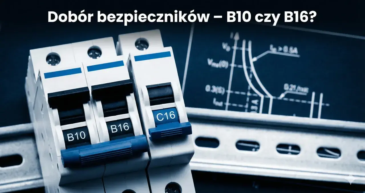 Jaki bezpiecznik do gniazdek? Na zdjęciu widać wyłączniki nadprądowe B10, B16 i C16, obok schematu elektrycznego.