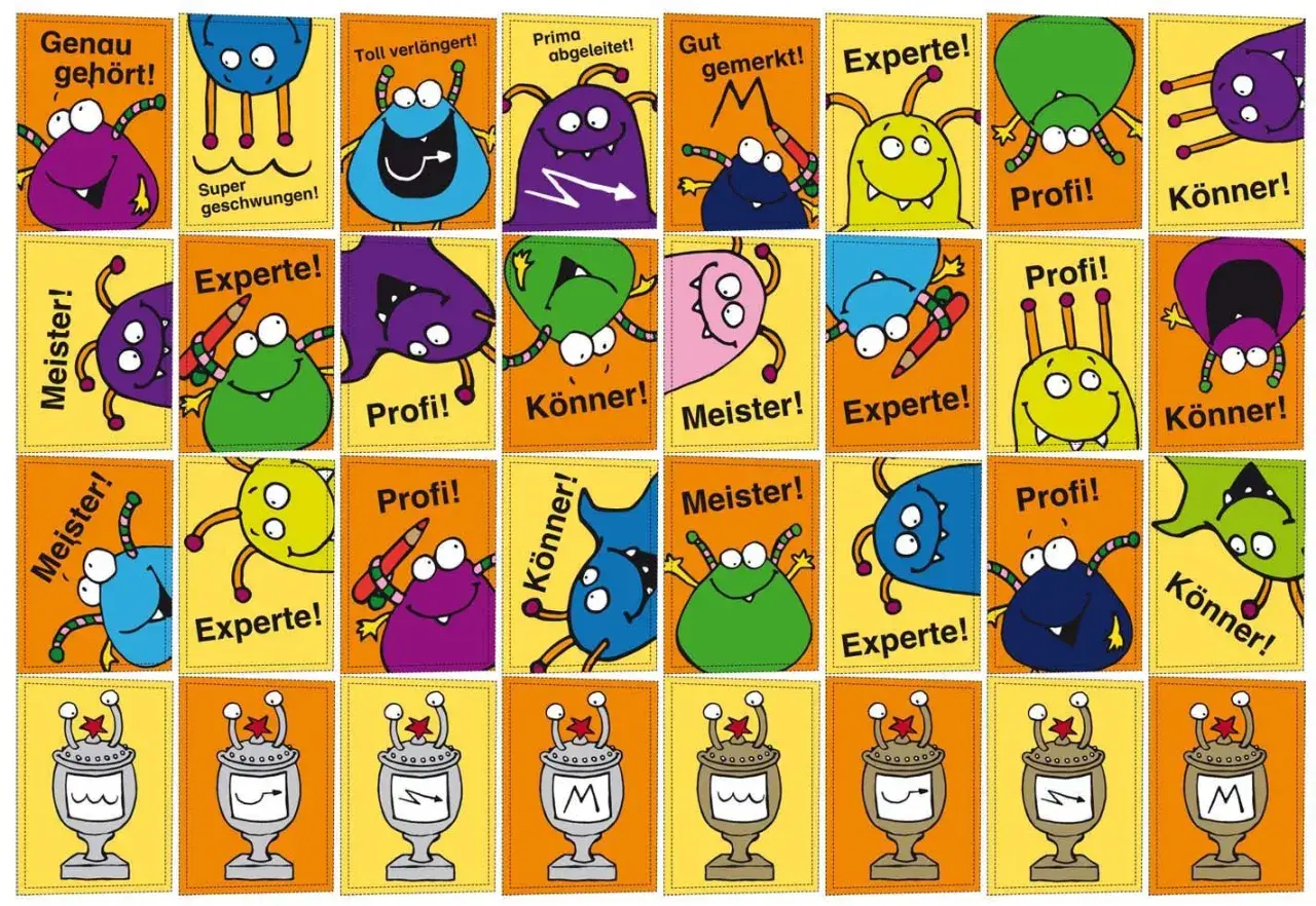 Bunte Monster-Symbole für die Grundschule: "Experte!", "Profi!", "Meister!", "Könner!" und mehr.