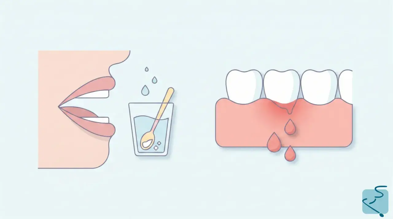 Ilustración de boca y dientes con encías inflamadas y sangrantes, indicando una posible infeccion encias. A la izquierda, un vaso con agua y cuchara.