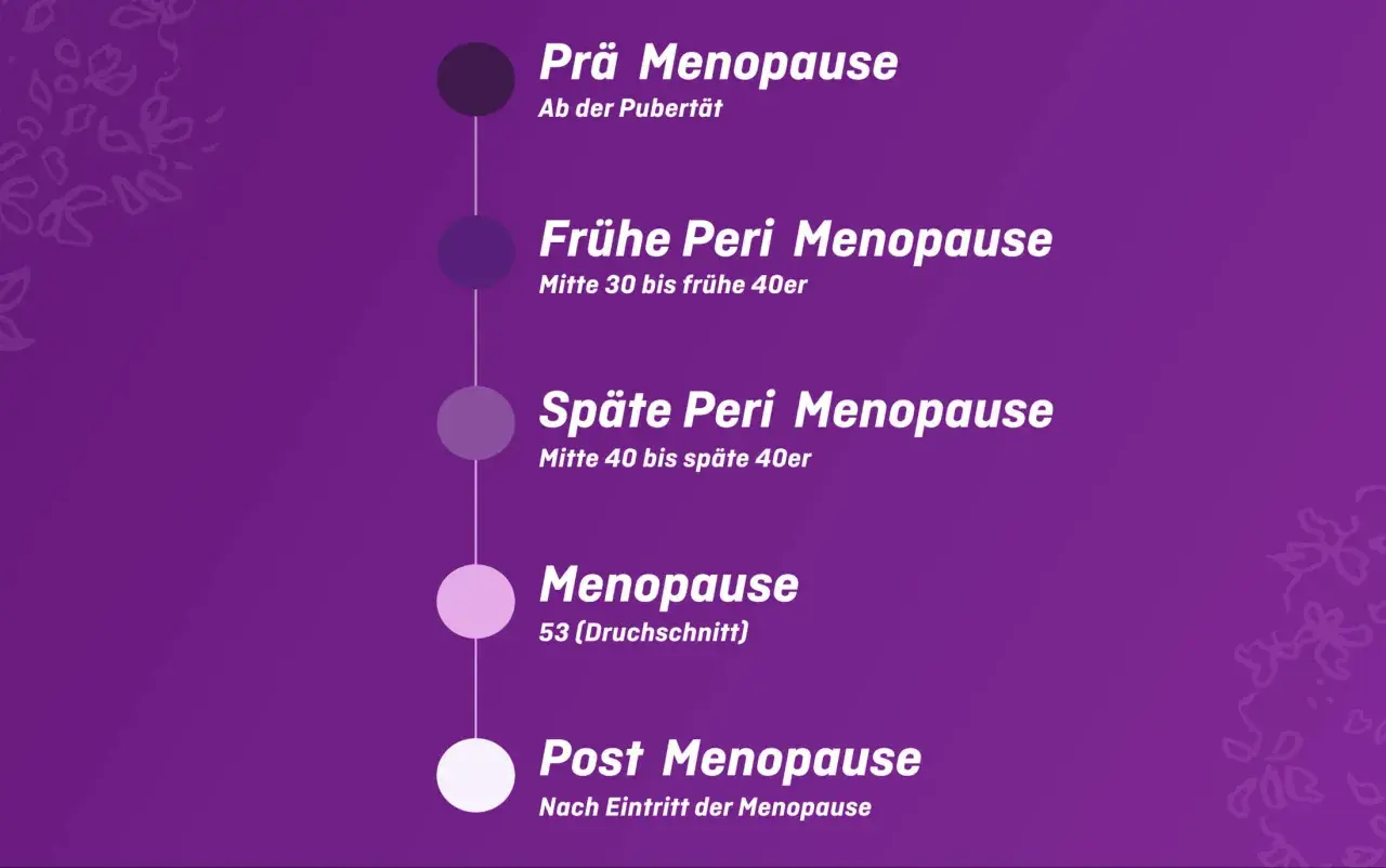 Zeitleiste der weiblichen Wechseljahre: Prä-, frühe Peri-, späte Peri-Menopause und Post-Menopause. Was ist Perimenopause? Die Übergangsphase vor der Menopause.