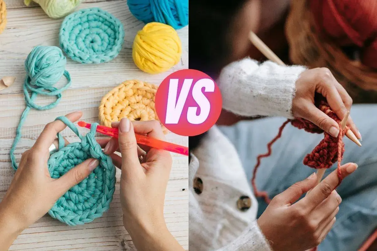Hands crocheting with colorful yarn and hands knitting with wooden needles. A creative comparison of knitting and sewing crafts.