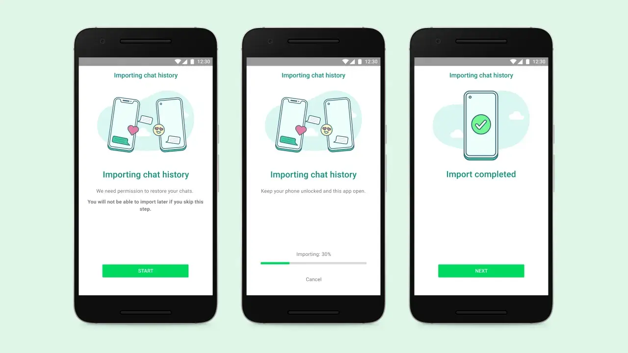 Ekran pokazuje, jak przenieść WhatsApp z Androida na iPhone. Proces importu historii czatów jest w toku.
