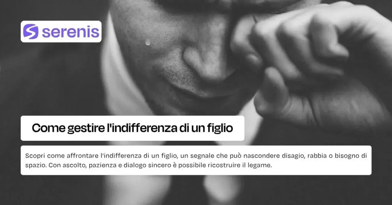 Volto di uomo che piange, con testo "Come gestire l'indifferenza di un figlio". Affrontare figli che non amano i genitori è doloroso.