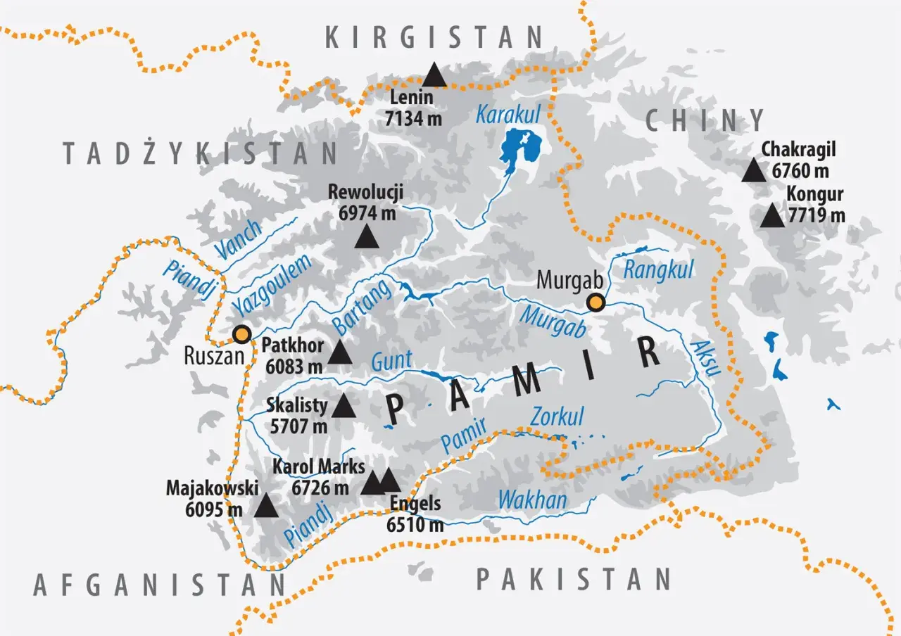 Mapa Gór Pamir z zaznaczonymi szczytami (Lenin 7134 m, Kongur 7719 m) i rzekami (Piandj, Bartang).