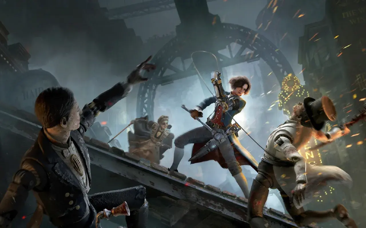 Kobieta z łukiem walczy z mechanicznymi przeciwnikami w klimacie steampunk. To scena jak z gier triple a.