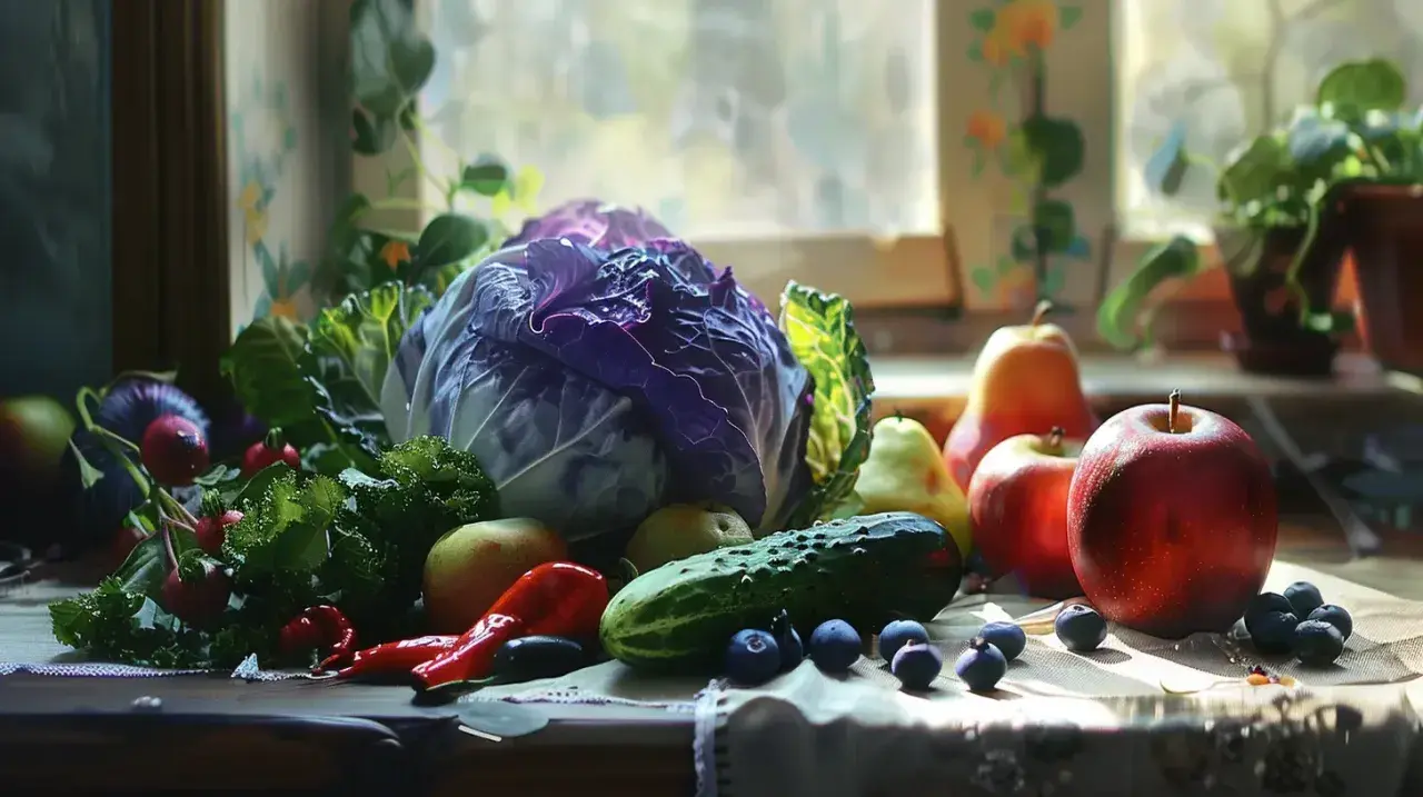 Świeże warzywa i owoce na parapecie. Zdrowa dieta to klucz, jak obniżyć kreatyninę.
