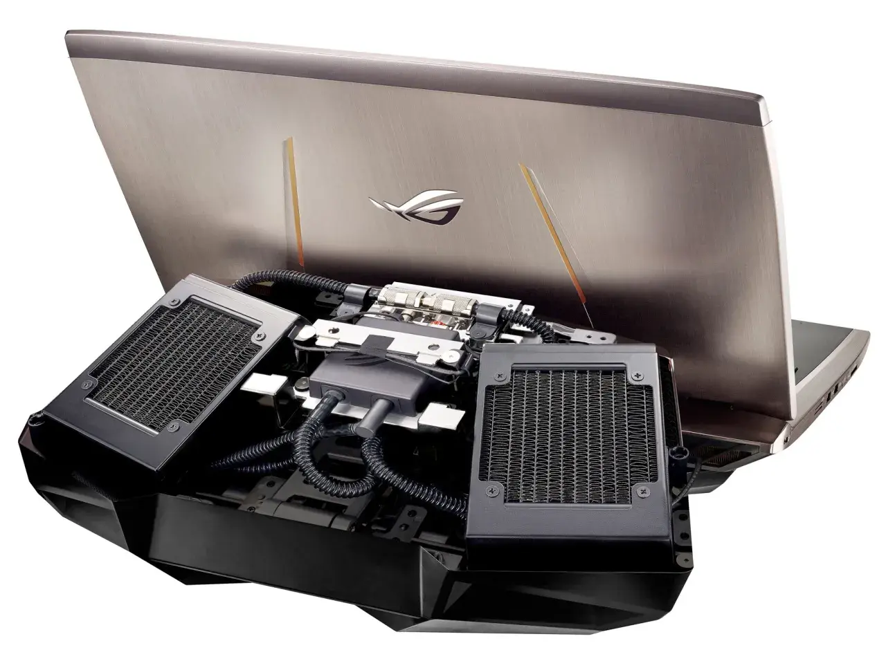 Otwarty laptop z zaawansowanym systemem chłodzenia cieczą, zasilany przez najdroższy laptop na świecie.
