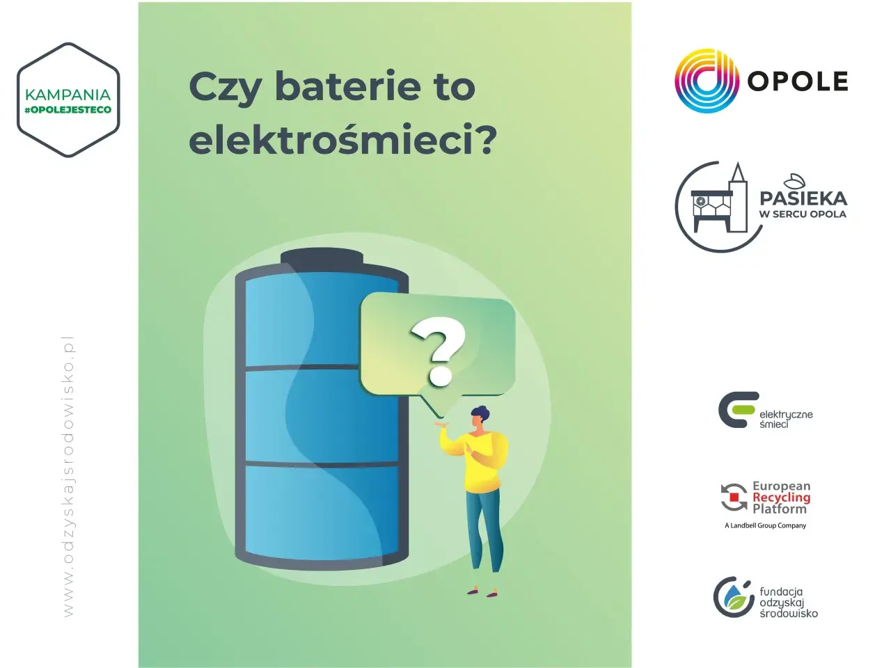 Grafika pyta: "Czy baterie to elektrośmieci?". Człowiek z żółtą bluzą wskazuje na znak zapytania obok wielkiej baterii.