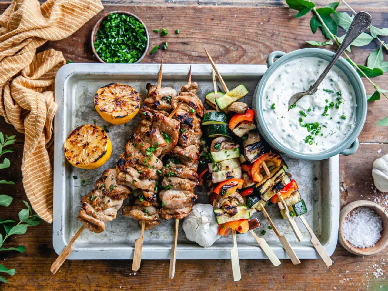 Grillad shish kebab med grönsaker, citron och en krämig dipp. Perfekt för en sommarkväll.
