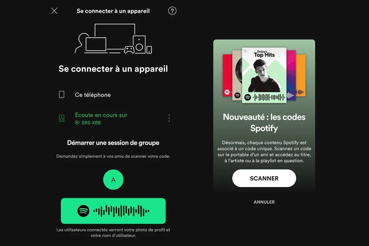 Démarrez une session de groupe pour le partage musique entre amis sur Spotify. Scannez le code pour vous connecter.