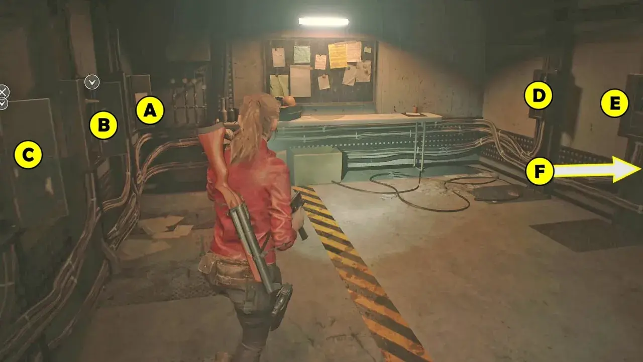 Claire w czerwonej kurtce w Resident Evil 2 poradnik, obok tablicy z notatkami i oznaczeń A-F.