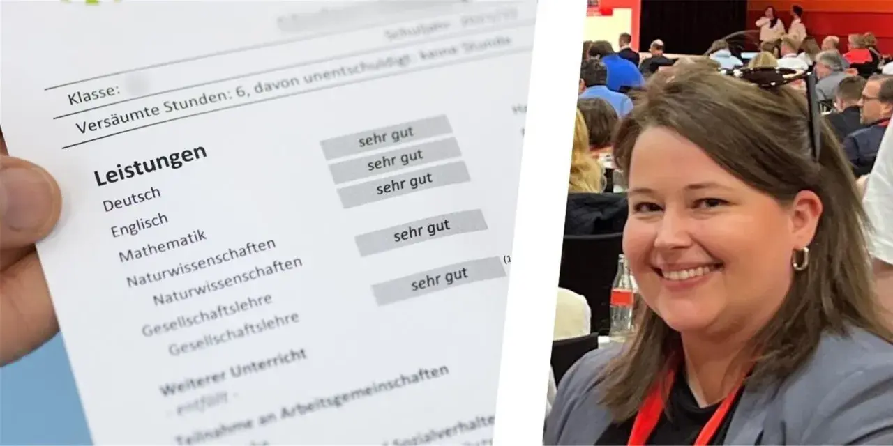 Ein Zeugnis mit "sehr gut" in allen Fächern, das die Erfolge digital festhält. Eine lächelnde Frau im Vordergrund.
