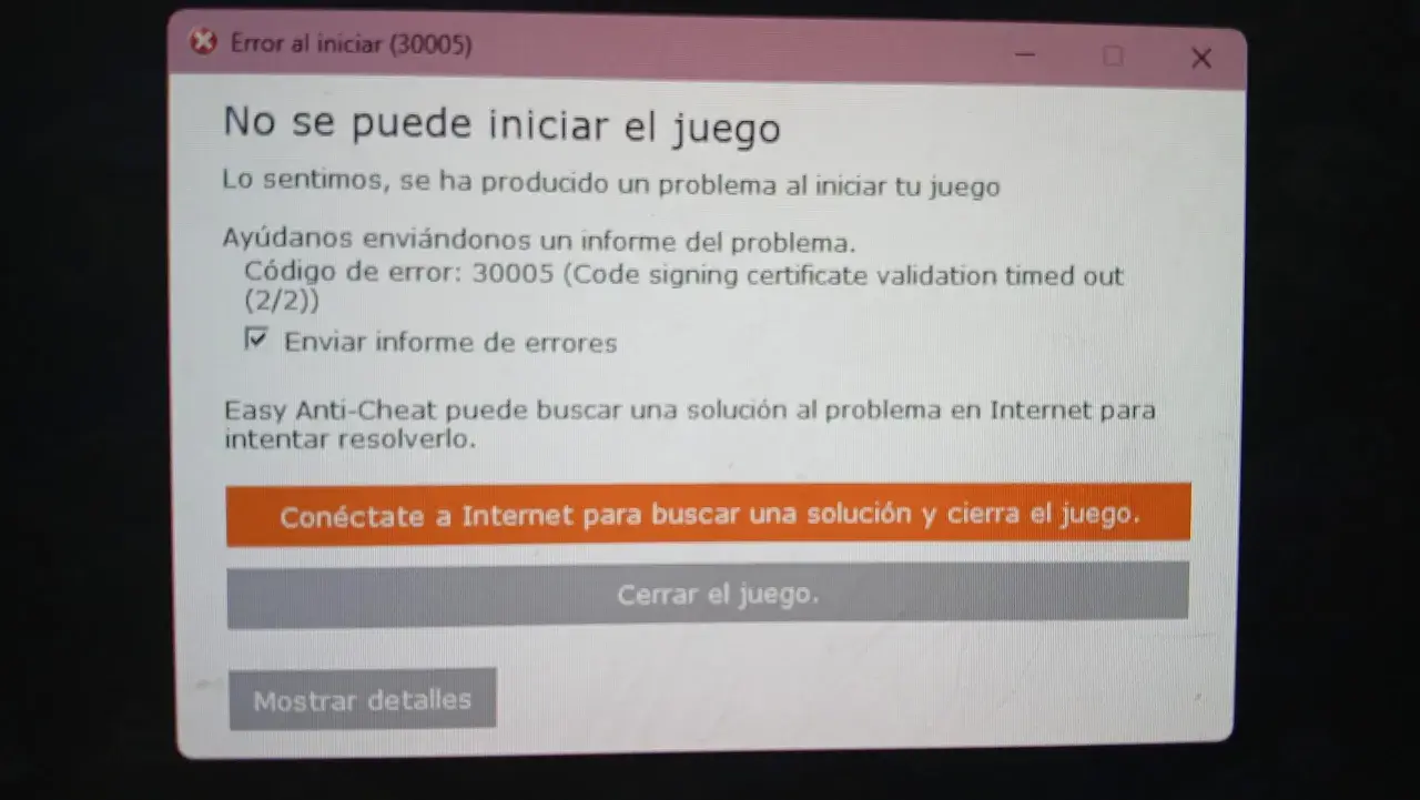 Komunikat błędu gry: "No se puede iniciar el juego". Easy Anti-Cheat nie może zweryfikować certyfikatu.