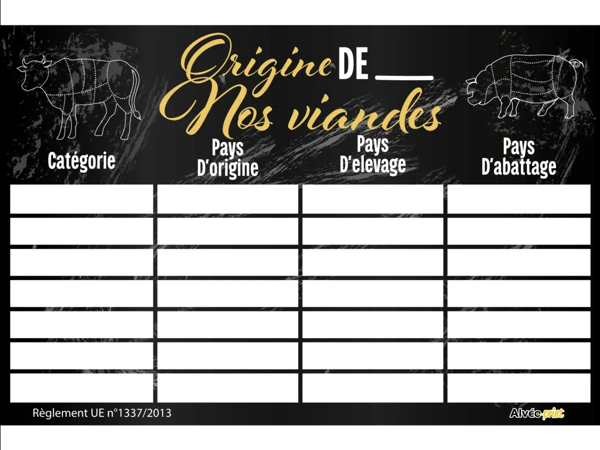 Tableau pour tracer l'origine de nos viandes, avec des sections pour la catégorie, le pays d'origine, d'élevage et d'abattage. Idéal pour la viande origine France.