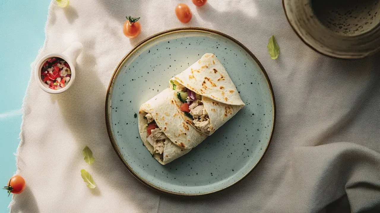 Pyszny snack wrap z kurczakiem i warzywami na talerzu, otoczony pomidorkami i listkami.