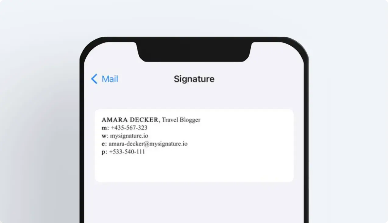 Signature mail iPhone : Amara Decker, blogueuse voyage, ses coordonnées s'affichent.