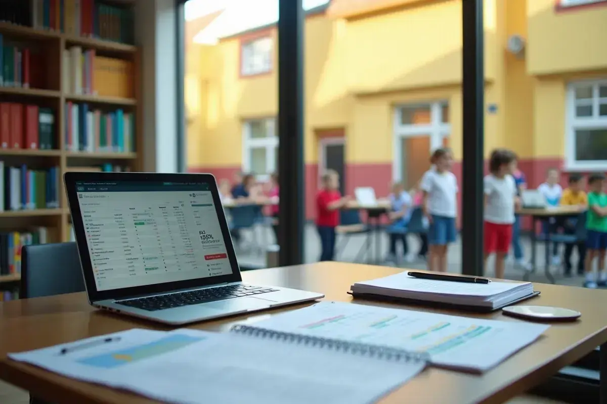 Laptop z wykresem na ekranie, notatki i książki. W tle dzieci na dziedzińcu. Czy to podpowiedź, ile zarabia psycholog?