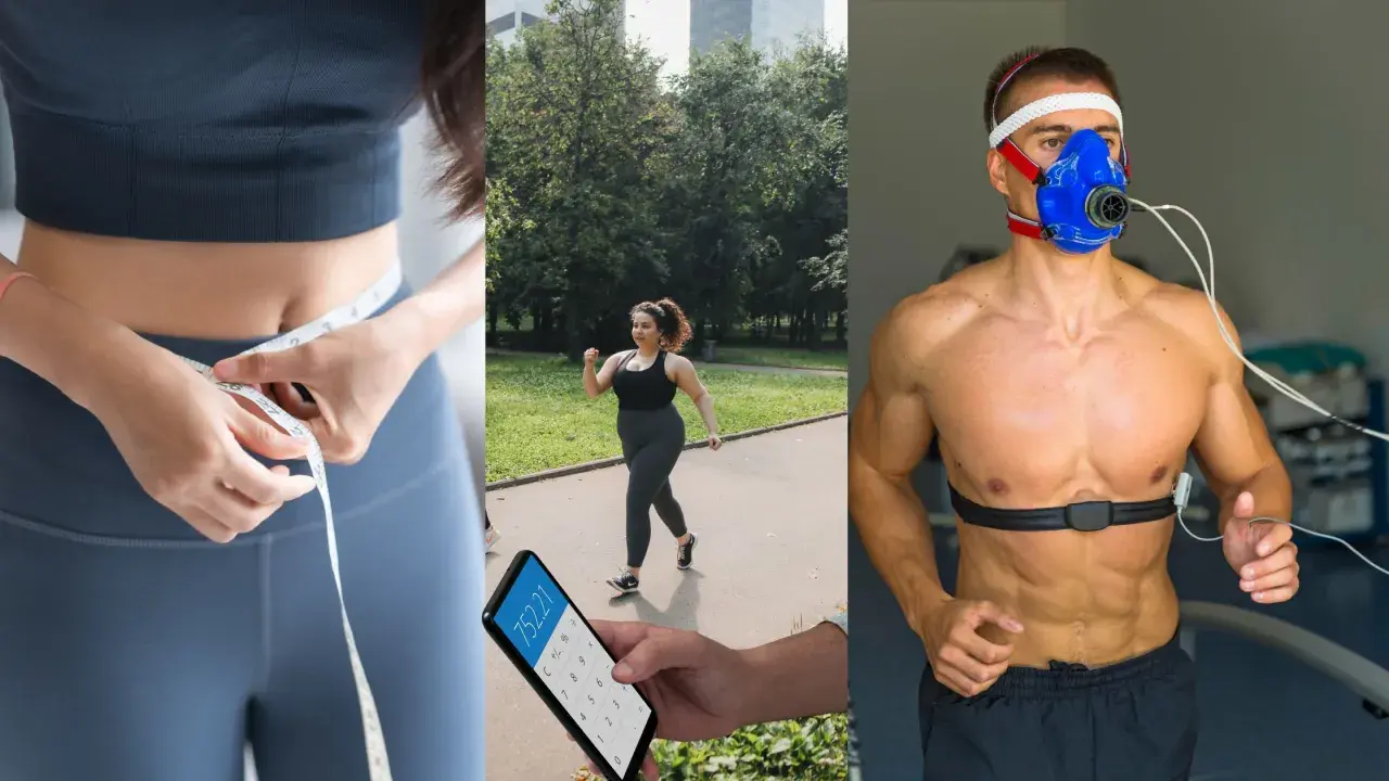 Mätning av midjemått, löpning i parken och en man som genomgår ett konditionstest. Kanske en tabell för cooper test 3 km?