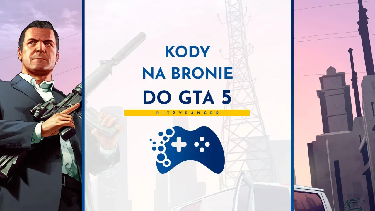 Michael z GTA 5 trzyma broń, a obok napisy "Kody na bronie do GTA 5".