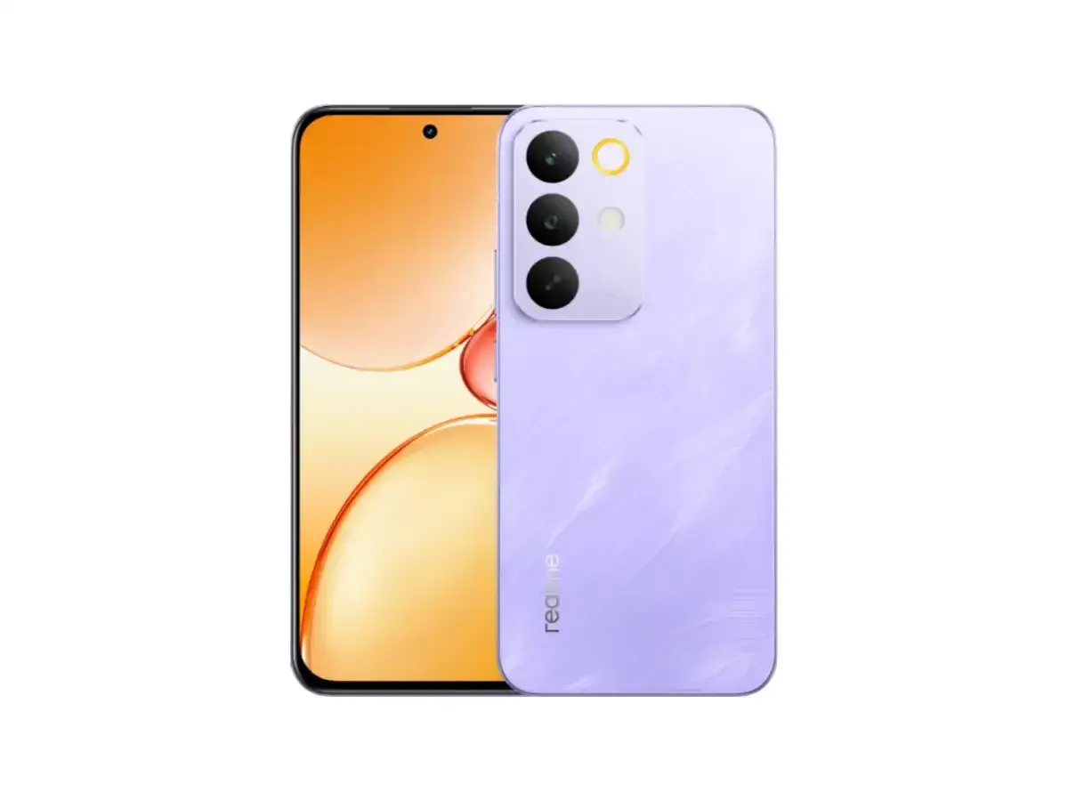 Fioletowy smartfon realme z potrójnym aparatem i logo marki. Zapewniona realme gwarancja.