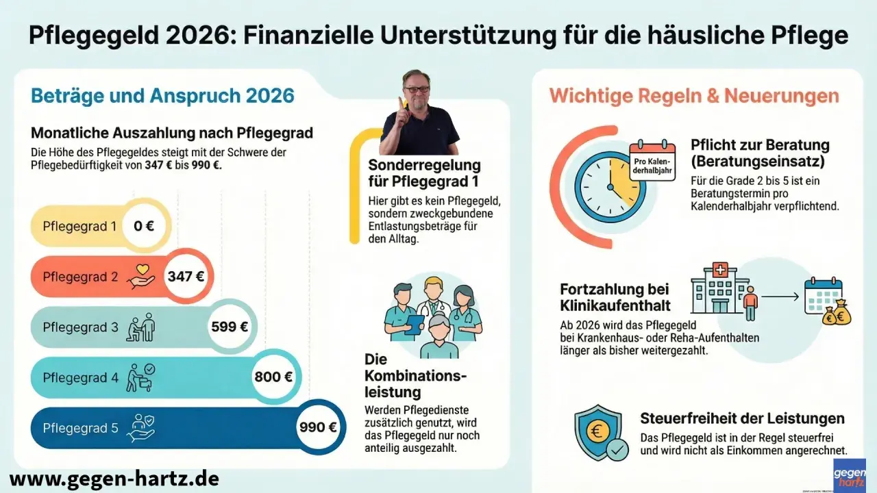Die Pflegegeld Tabelle 2026 zeigt monatliche Auszahlungen von 0 € bis 990 € je nach Pflegegrad. Sonderregelungen für Pflegegrad 1.