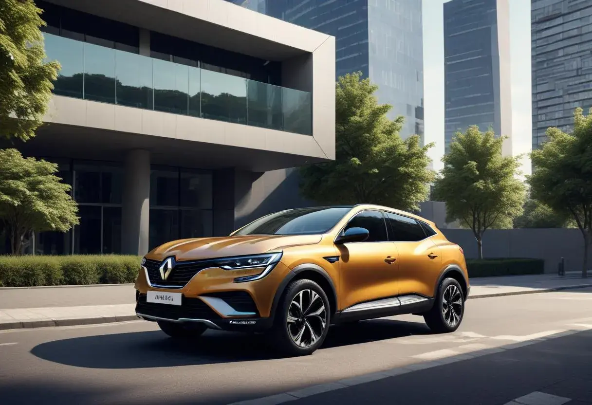 En gyllene Renault Arkana testkörs längs en stadsgata, med moderna byggnader och gröna träd i bakgrunden.
