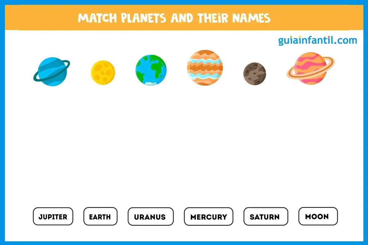 Actividad para emparejar planetas y sus nombres en inglés. Muestra varios planetas y sus nombres como Júpiter, Tierra, Urano, Mercurio, Saturno y Luna.