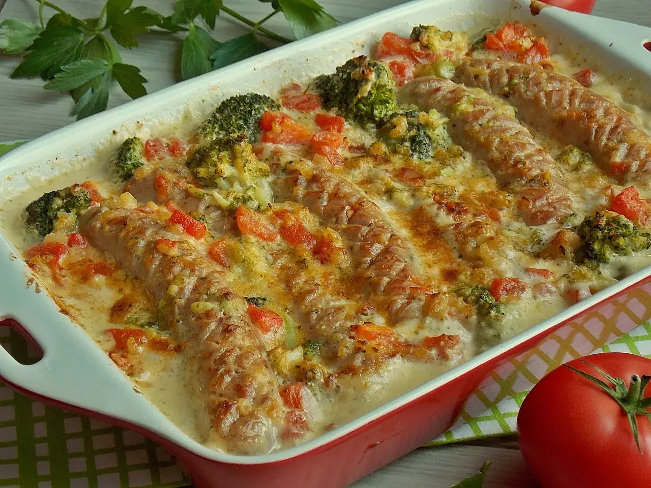 Biała kiełbasa w sosie musztardowym z brokułami i papryką, zapieczona pod serem. Pyszne danie obiadowe.
