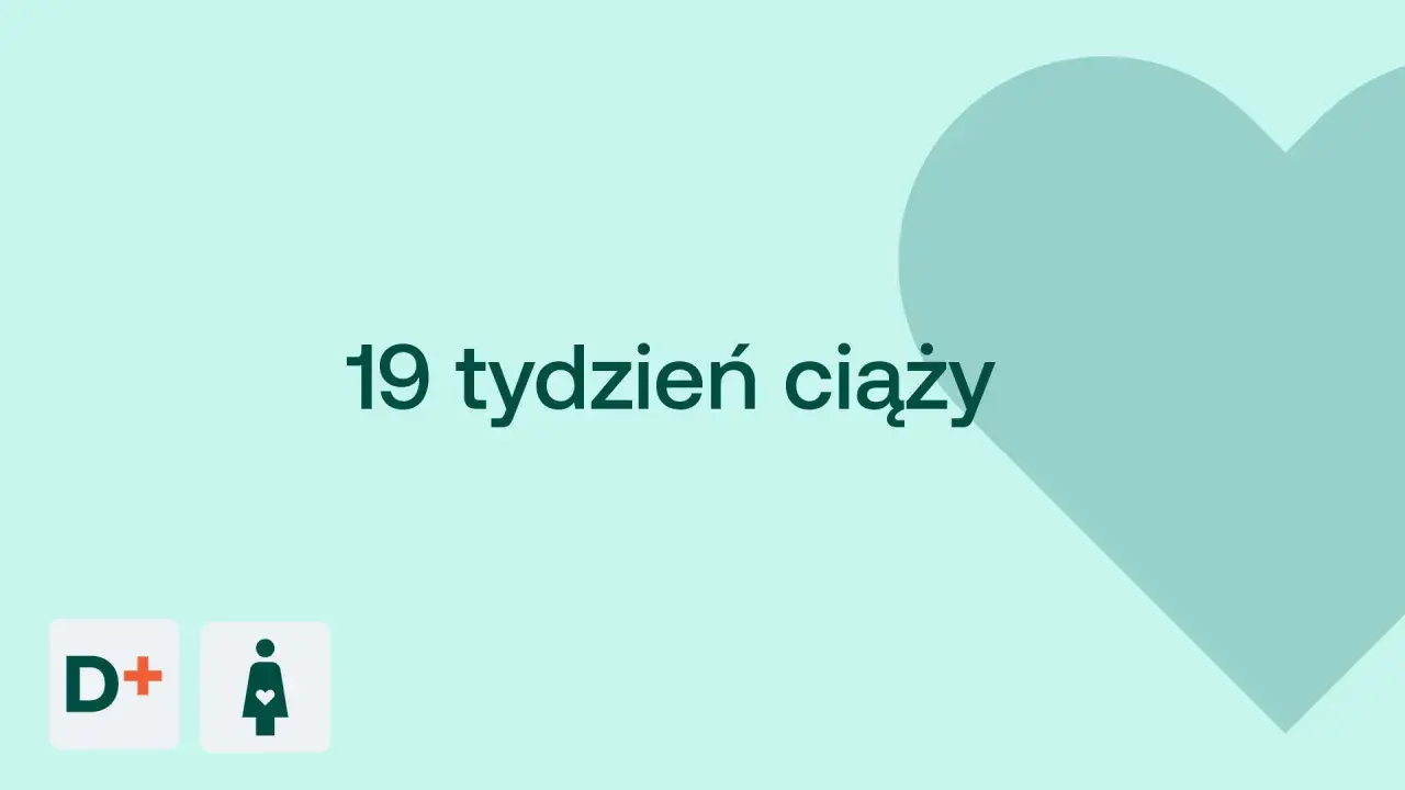 19 tydzień ciąży to już połowa piątego miesiąca. Na jasnym tle serce i ikony.