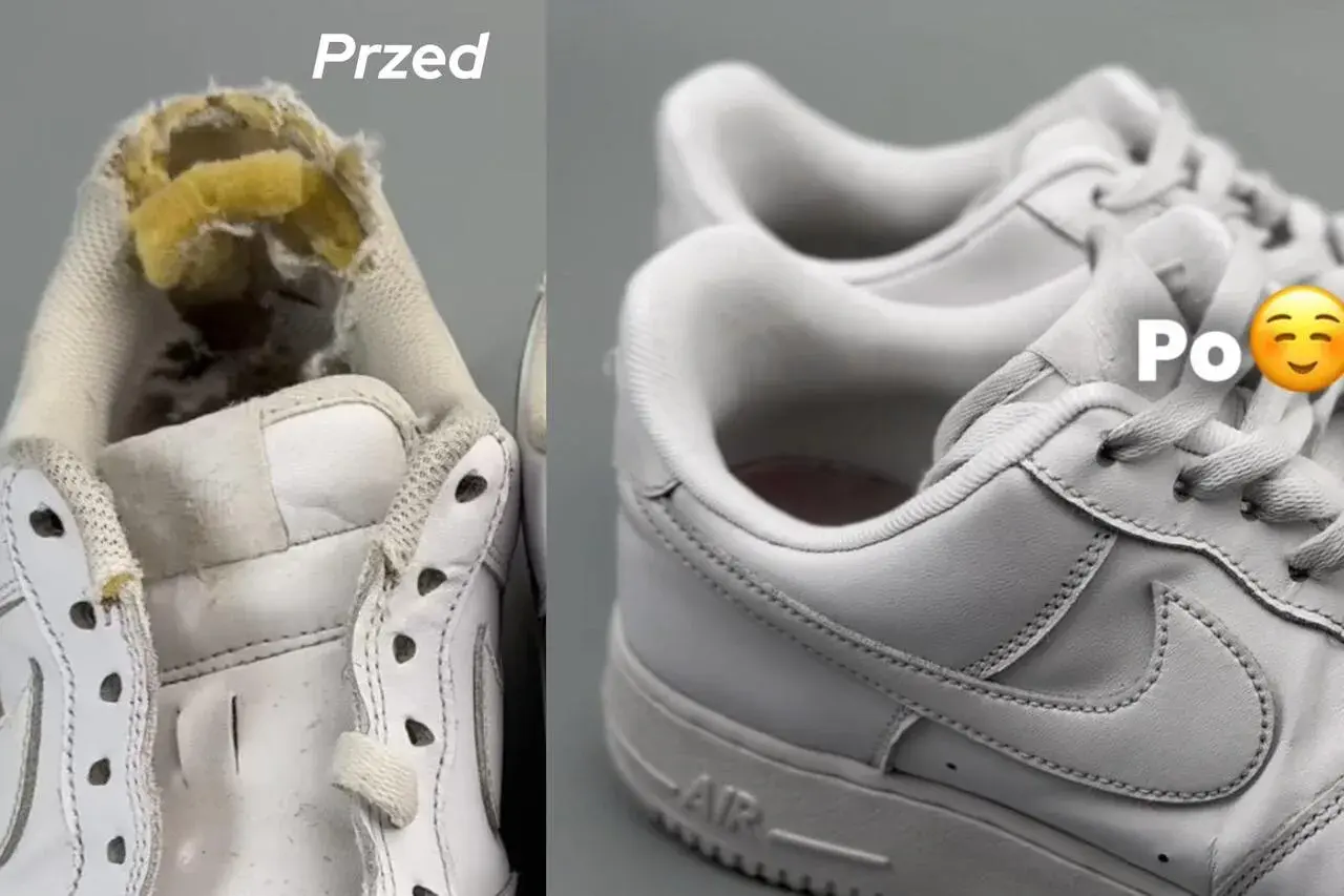 Przed i po renowacji: zniszczona tylna część buta odzyskała dawny blask, wyglądając jak nowa.