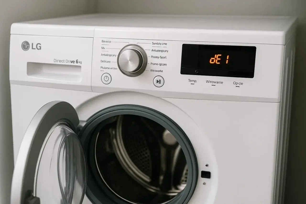 Pralka LG Direct Drive 6 kg z otwartymi drzwiczkami. Na wyświetlaczu widoczny błąd OE, wskazujący na problem z odprowadzaniem wody.