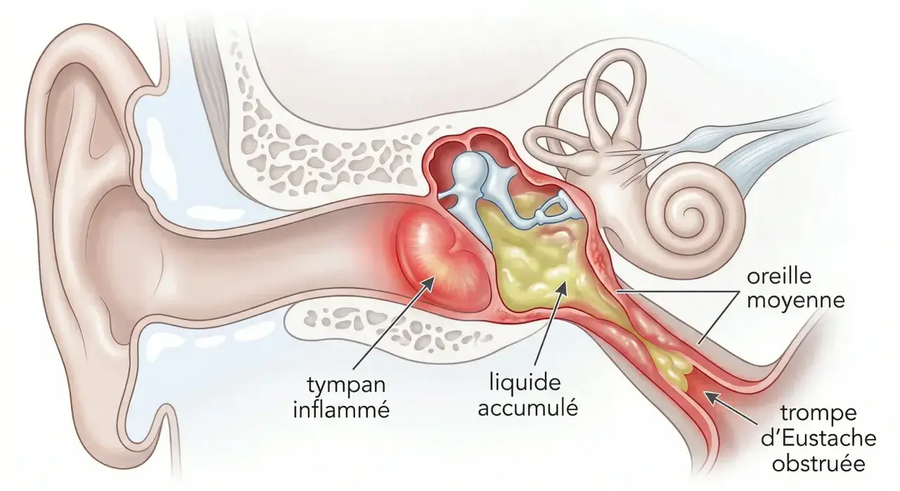 Coupe de l'oreille montrant une otite bactérienne avec tympan enflammé, liquide accumulé et trompe d'Eustache obstruée.