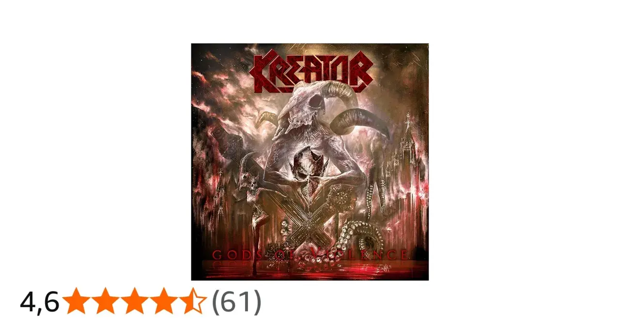 Okładka albumu Kreator "Gods of Violence" z mroczną, demoniczną postacią i czaszkami.